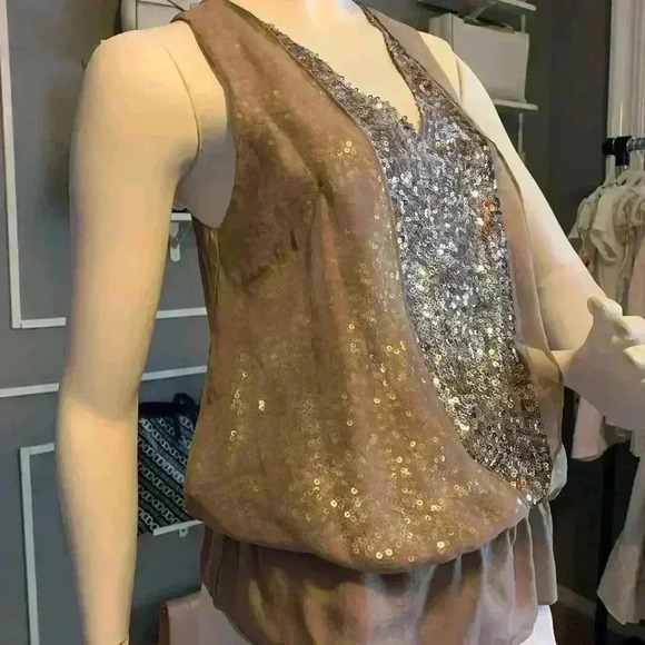 Robbi & Nikki Beige Sequined Sparkling Top with Silk Overlay. Size XS. - Picture 5 of 8
